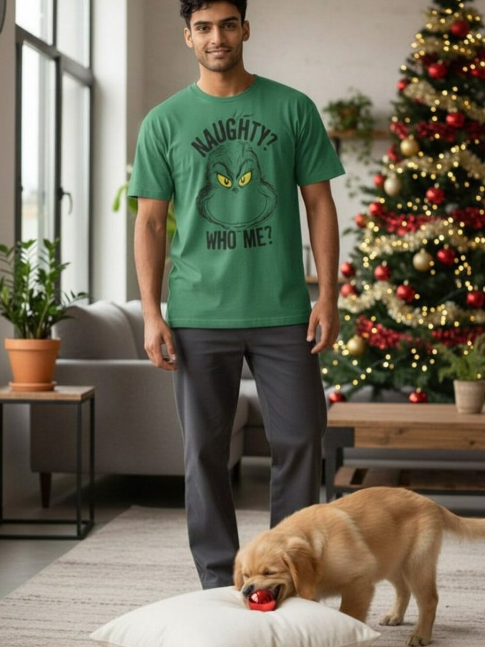 Delta Grinch Naughty Who Me Green Graphic T-Shirt Men's Size XL Short Sleeve